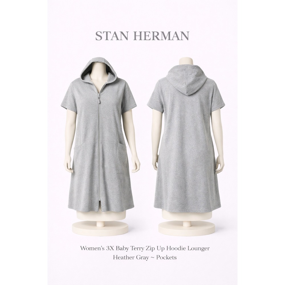 Stan Herman Womens 3X Baby Terry Zip Up Hoodie Lounger Heather Gray A346780/51